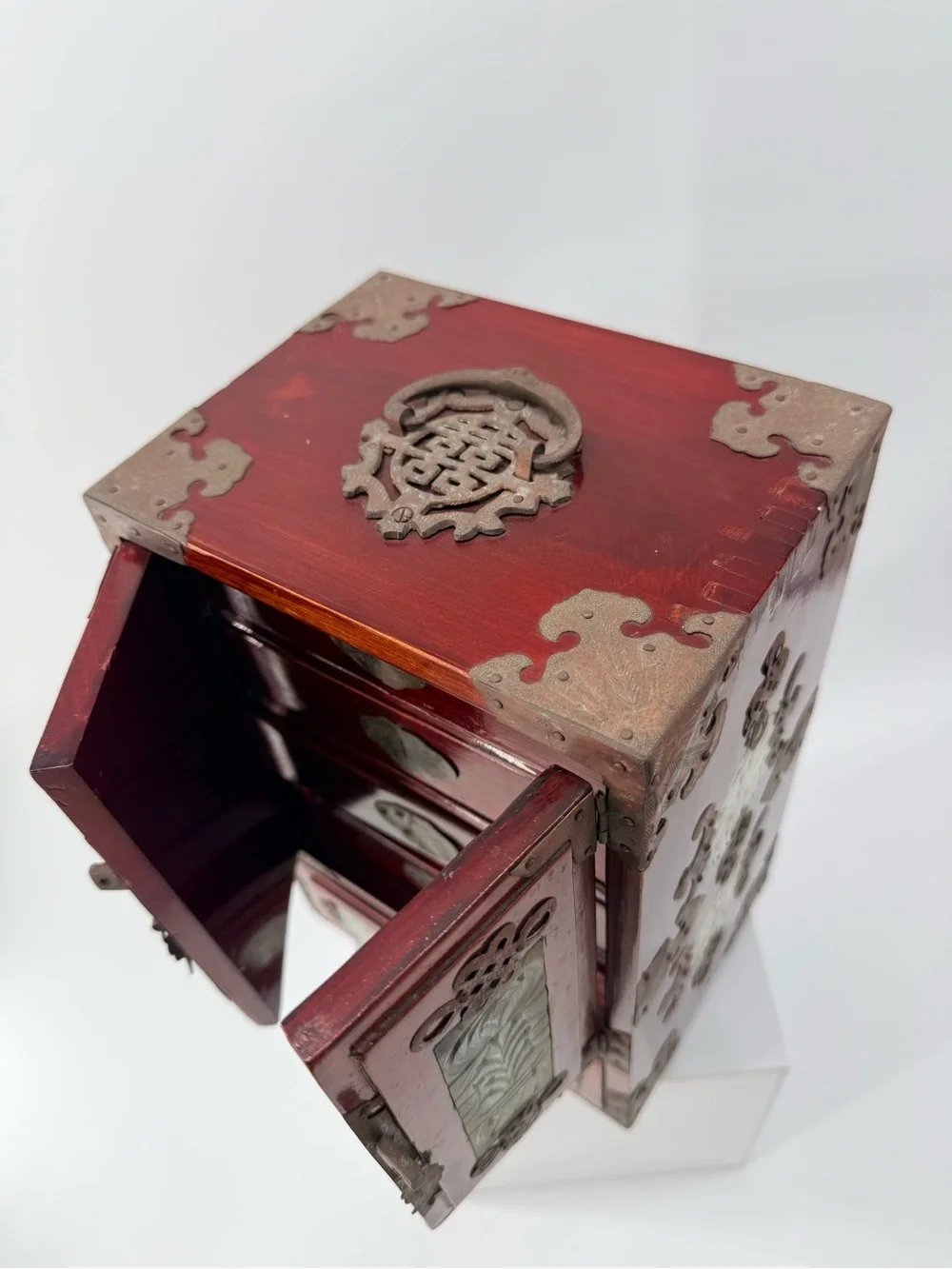 Antique-Style Red Wood Jewelry Cabinet with Jade Inlay - Unbranded
